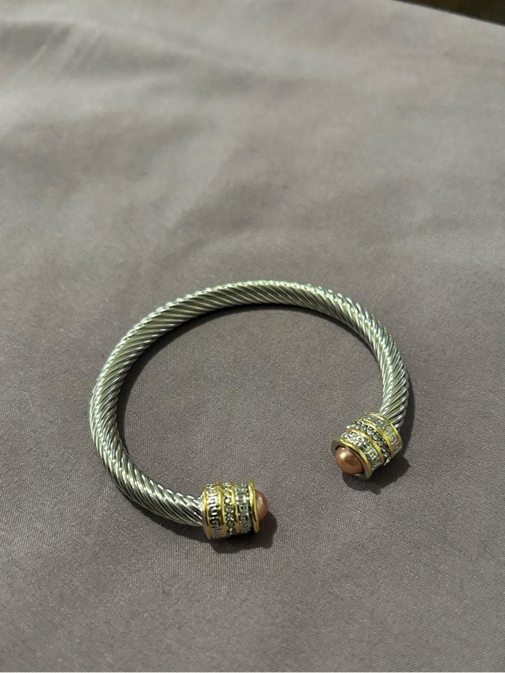 Twisted Cable Open Cuff Bracelet with Gold and Pink Pearl-Like Accents